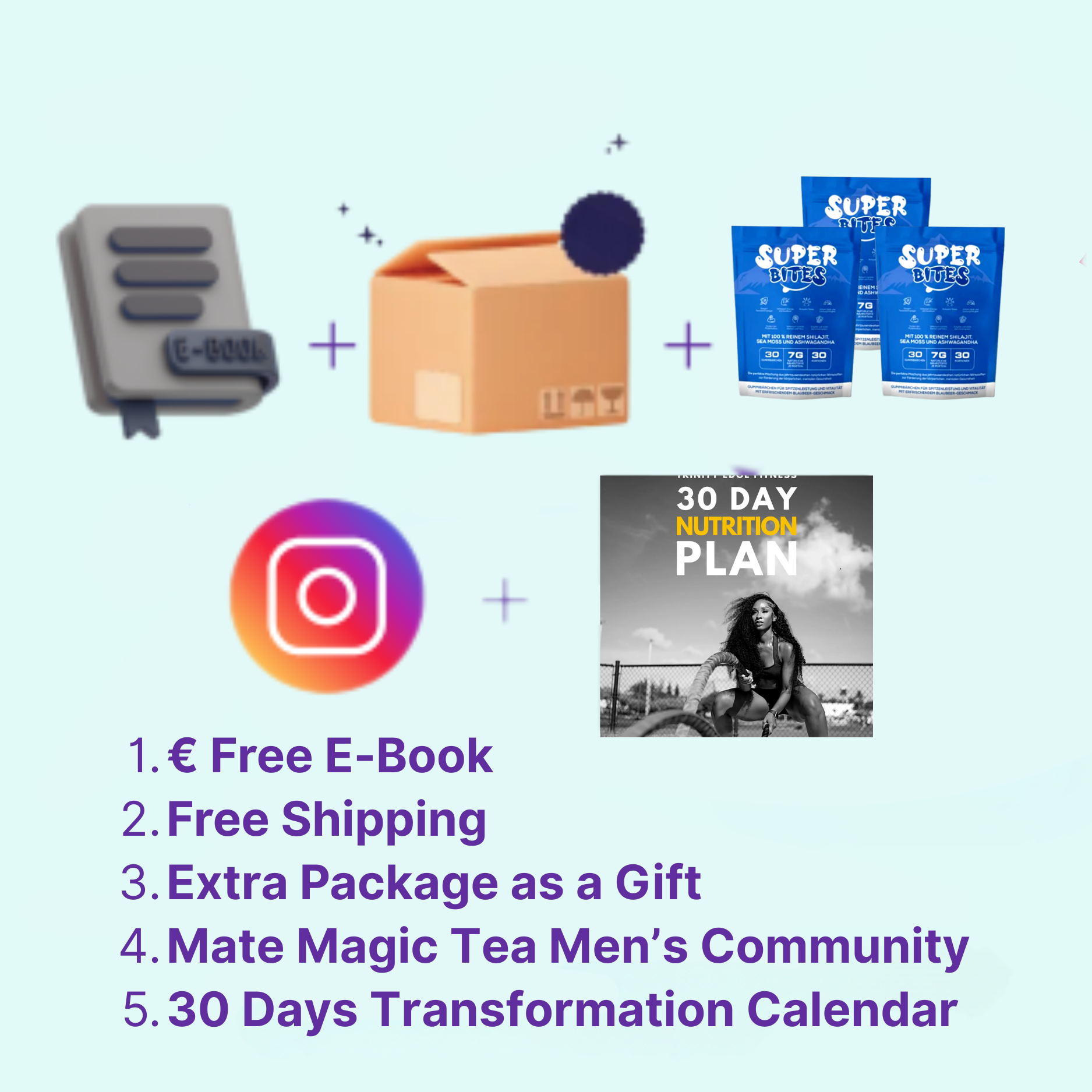 1× eBook + 3× Gratis-Packungen + Zugang zur SuperBites Männer-Community + Kostenloser Priority-Versand + 30-Tage-Transformationskalender